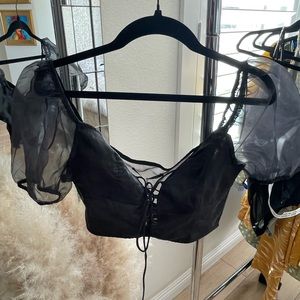 White Fox black front tie up crop top, shear back, never worn